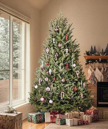 a real Chrismas tree, a christmas tree with presents and presents on the floor