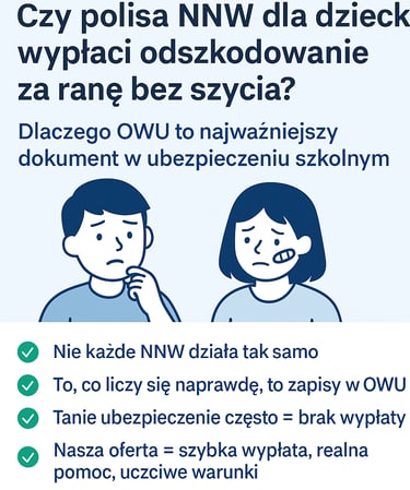 Infografika w języku polskim przedstawiająca pytanie: „Czy polisa NNW dla dziecka wypłaci odszkodowa