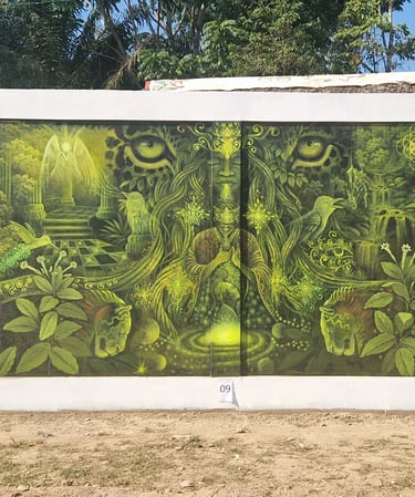 Visionary green jungle mural featuring a mystical shaman, ayahuasca vines, snakes, and forest spirits.