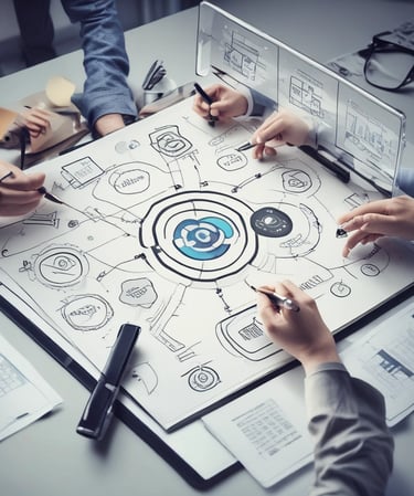 A professional team collaborating around a table with charts and laptops.