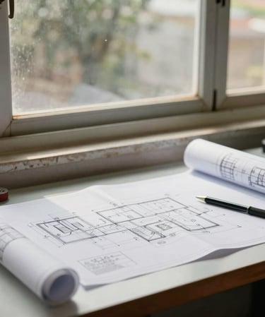 Warm natural daylight filtering through workshop windows onto a professional desk in Coimbatore, displaying blueprints and mechanical tools, clean composition