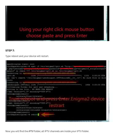 Screenshot of a terminal interface showing Enigma2 device restart command lines for IPTV setup.