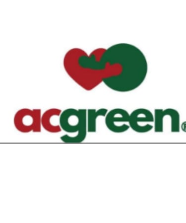 Official AC Green logo featuring a red heart and green circle icon above red and green text.