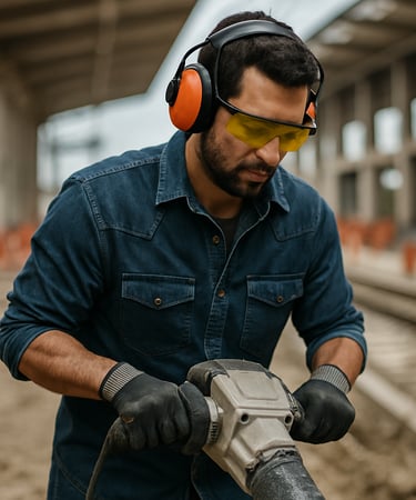 trabajador en estación de tren en construcción usando orejeras de seguridad naranjas como protección