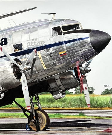 Dessin réaliste du DC-3 Air Colombia, avion ancien emblématique