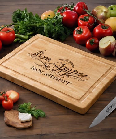 a wooden cutting board with a wine glass and a bottle of wine