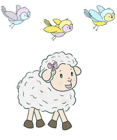 Adorable sheep and bird illustration. Colourful and cute for little children