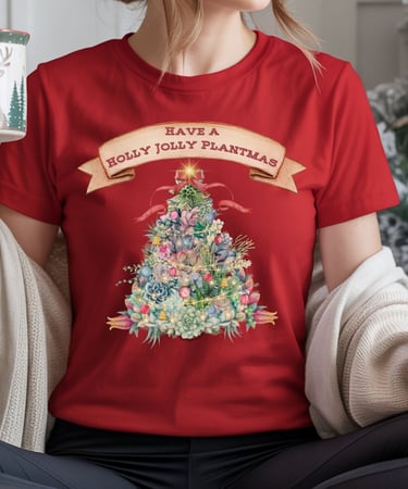 Red tee with succulent Christmas tree and “Holly Jolly Plantmas” — festive plant lover shirt by Miss Chatty Plants