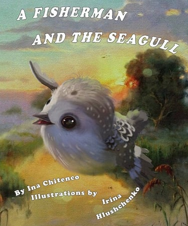 Book cover featuring an illustrated, cheerful seagull against a sunset.