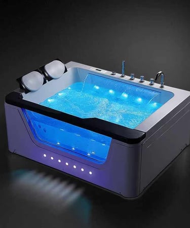 a bathtub with a blue led light and a blue light