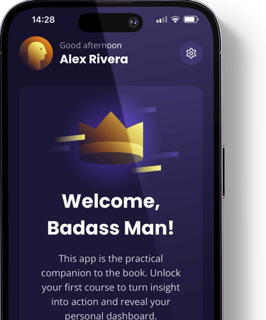 Badass Man Action App welcome screen displayed on smartphone mockup