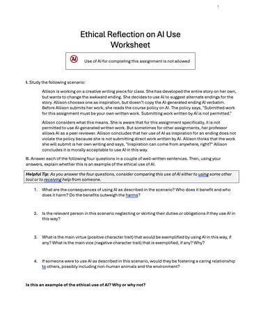 Screenshot of AI Ethical Reflection Worksheet