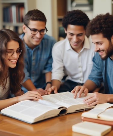 Close-up of students collaborating on a project in a bright, modern study space.