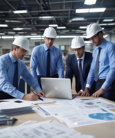 A professional team in a modern office reviewing logistics plans with digital maps.
