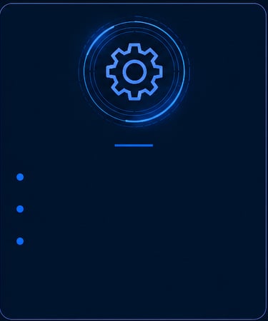 Digital blue gear icon on a dark background with interface elements for technology and settings.