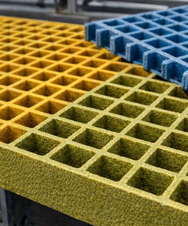FRP GRP molded fiberglass grating panels with non slip surface texture in an industrial setting.