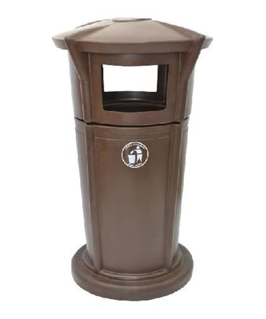 Outdoor GRP litter bin with covered top and side opening, durable fiberglass waste bin for public ar