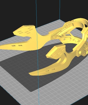 A 3D CAD model of a complex mechanical drone frame part on a digital grid for 3D printing.