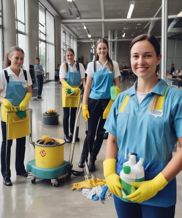 A team of licensed cleaners working together in an office.