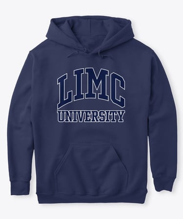 Navy Classic Pullover Hoodie available to buy. The front of the hoodie reads 'LIMC University'