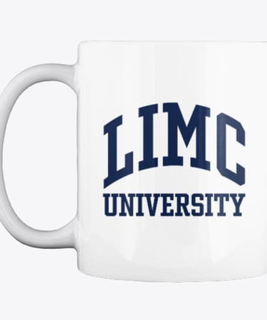 White mug available to buy. The front of the mug reads 'LIMC University'