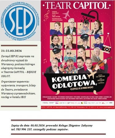 Poster for Teatr Capitol play Komedia Odlotowa including trip details by SEP Bełchatów.