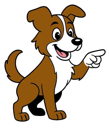 Scout the mascot a brown & white dog pointing to our promise for professional, drama-free delivery.