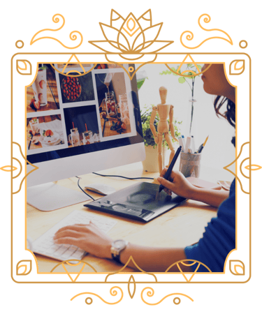 a woman working on a digital tablet and computer in a victorian frame