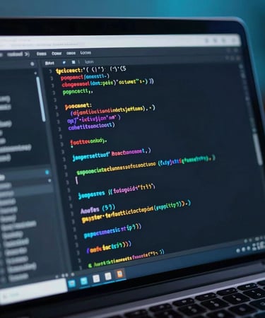 Close-up of hands coding software on a sleek laptop with navy blue accents.