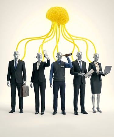 Silver robot business professionals connected by yellow neural tubes to a central glowing brain.