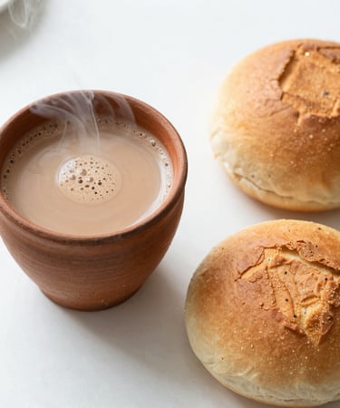 A close-up overhead shot of a steaming clay cup of spiced chai next to a freshly sliced warm bun maska on a clean white table, soft natural daylight, shallow depth of field.