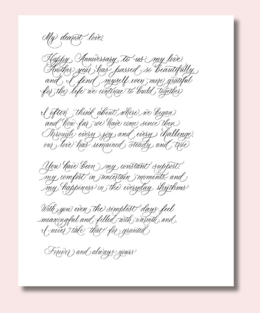 Digital calligraphy artwork showing a handwritten letter in flowing script with soft flourishes.