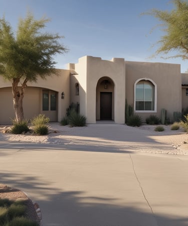 Exterior of a sunny Arizona house freshly painted in warm earth tones with crisp white trim.