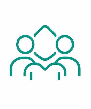 Minimalist teal community icon featuring three stylized people symbols for teamwork and group collaboration.