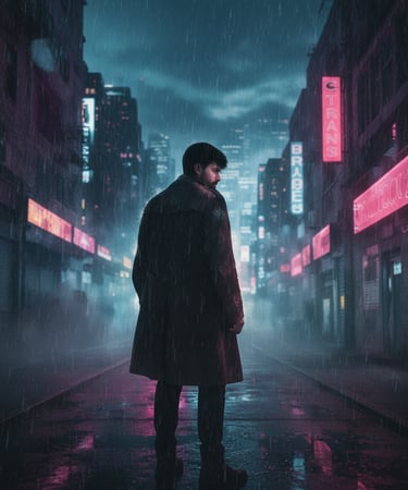 Man in a dark rainy street alley.