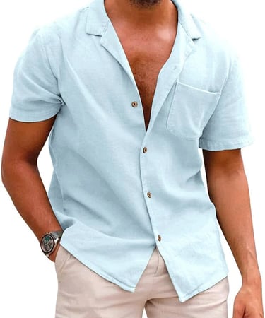 blue Hawaiian shirt and tan pants