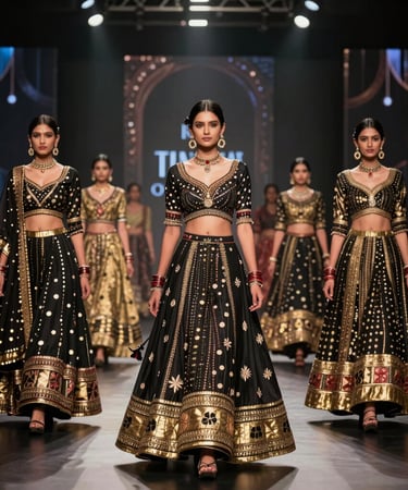 Close-up of a designer sketching intricate gold embroidery on luxurious black fabric.