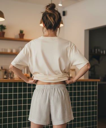 a woman in a white shirt and shorts standing in front of a counter