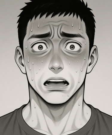 male sweating and worried cartoon