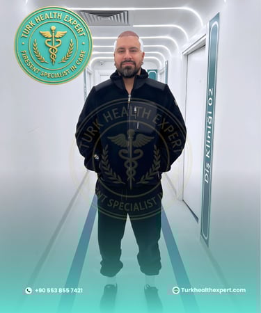 happy patient after a DHI hair transplant surgery in a modern clinic