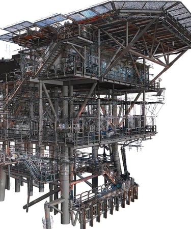Detailed 3D model of an offshore oil rig platform structure on a white background