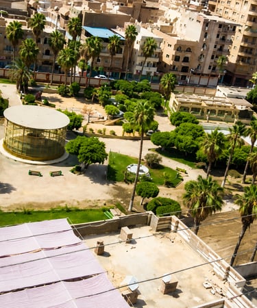 High angle view of a lush city park with palm trees and a circular pavilion surrounded by urban buildings.