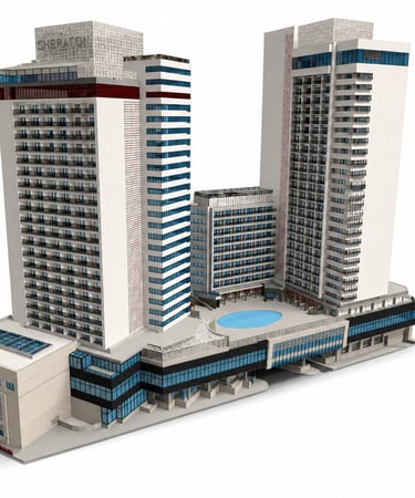 A detailed 3D architectural model of the Sheraton Grand hotel featuring twin towers and a luxury rooftop pool.