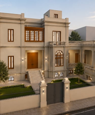 Elegant classic bayt al-ummah with a stone facade, courtyard garden, and luxury exterior lighting.