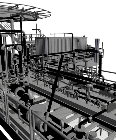 A 3D intelligent model of an industrial piping system for oil and gas infrastructure.