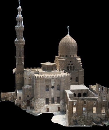 3D model of the historic Sultan Qaitbay funerary complex in Cairo, featuring its ornate minaret and carved stone dome.