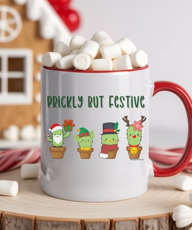 White mug with red rim and “Prickly but Festive” cacti — funny cactus Christmas mug by Miss Chatty Plants