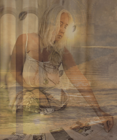 Maryann in ritual reflection with tarot, symbolising intuitive guidance and embodied presence.