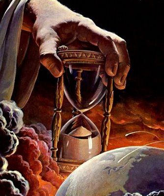 Jesus holding an hourglass in front of the Earth