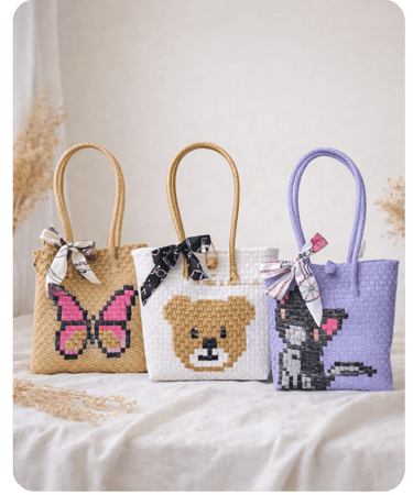 tas anyaman plastik handmade motif karakter lucu kupu kupu beruang dan kucing untuk souvenir dan had